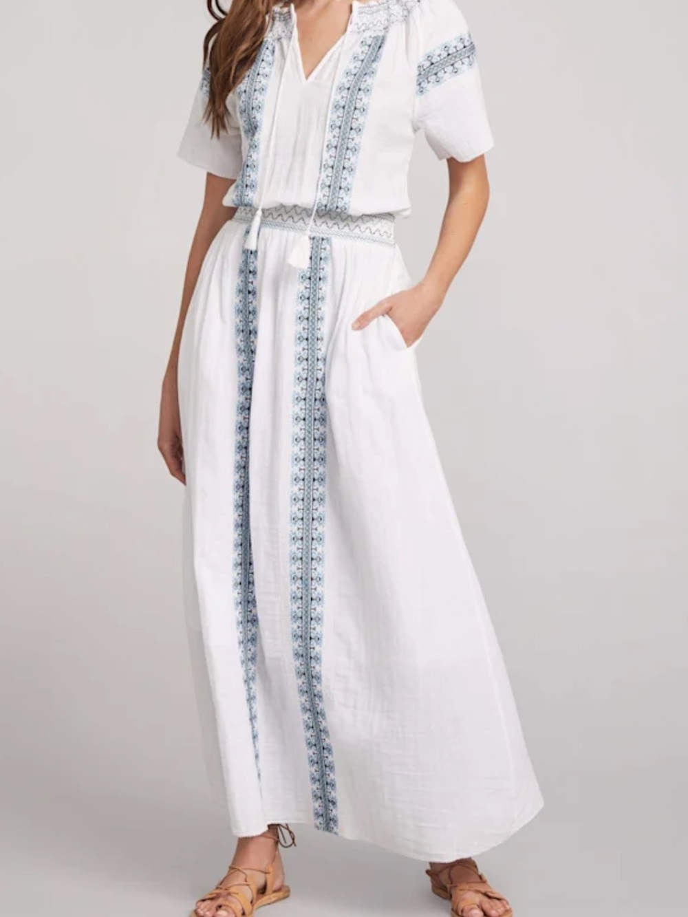 Faherty Catrina White Maxi Dress with Blue Embroidered Panels